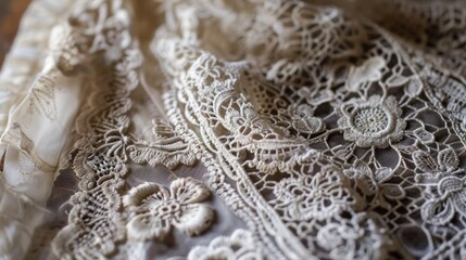 Obraz premium Close-up image of intricate vintage lace fabric with delicate floral patterns, showcasing fine craftsmanship and detailed texture.