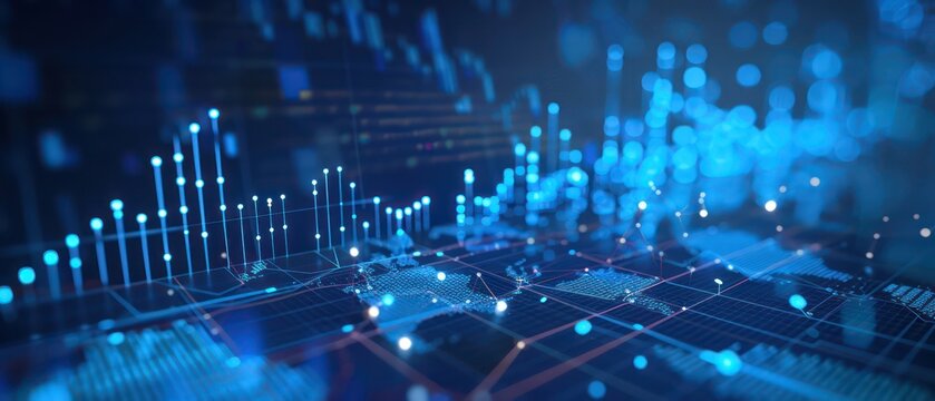 Abstract blue digital background with glowing light and bar graph of stock market data, futuristic technology concept