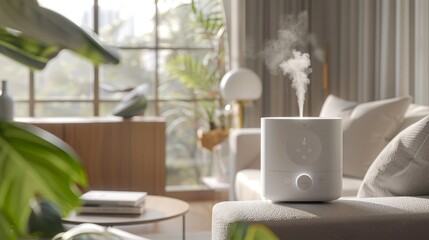 Fototapeta premium Detailed shot of a portable humidifier's control panel, showcasing its clean design and functionality, against a backdrop of minimal furniture