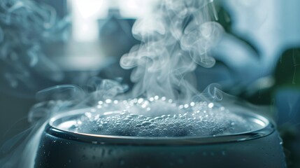 Detailed macro shot of the mist from a humidifier, showing fine droplets and sleek design, against the backdrop of a minimal, well-lit room