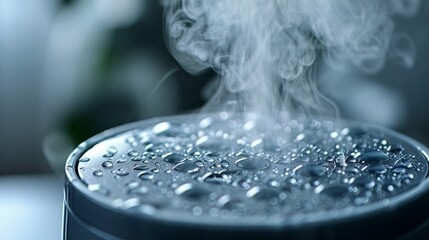 Detailed macro shot of the mist from a humidifier, showing fine droplets and sleek design, against the backdrop of a minimal, well-lit room