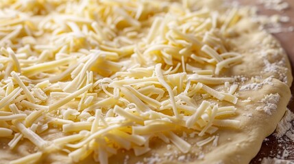 Fototapeta premium Detailed macro shot of raw pizza dough, covered in a generous layer of shredded cheese, isolated background, even studio lighting