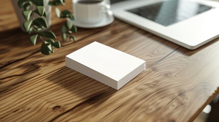 Fototapeta premium Minimalistic office desk with a blank notepad, coffee cup, tablet, and plant. Wooden surface, modern workspace, natural light.