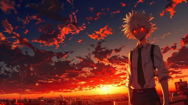 a city view from far behind a fiery eyed anime boy standing charismatically