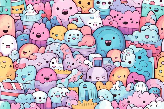 seamless doodles pattern art with muted colors, ready for full-print pattern design