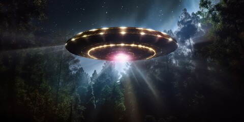 Mysterious glowing ufo hovering over dark forest at night