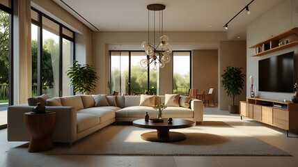 Fototapeta premium Minimalist Scandinavian interior design with empty wall mockup in beige color theme. Contemporary living room interior concept.