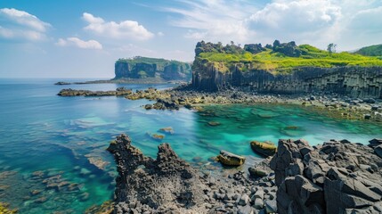 Rock formation Oedolgae in dark blue ocean at Seogwipo, Jeju Island, Korea