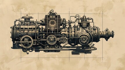 Steam engine drawing for industrial or steampunk design