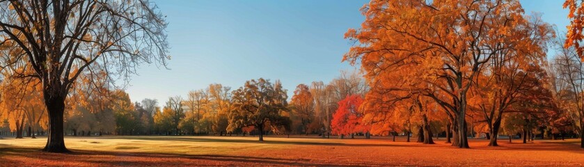 Naklejka premium Expansive Park with Autumn Trees and Clear Sky