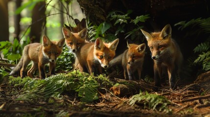 Obraz premium Group of Fox Cubs Exploring Lush Forest Floor