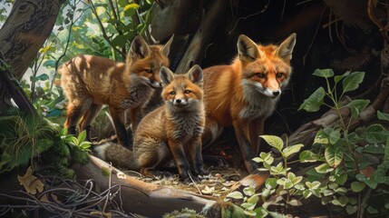 Obraz premium Three foxes are standing in a forest