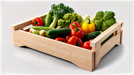 Wooden crate filled with fresh vegetables isolated on a white TRANSPARENT background