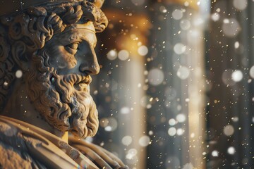 ancient greek statue covered in snow and sparkling lights