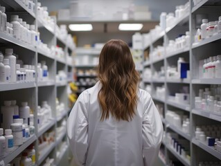 pharmacist examining shelves in a pharmacy