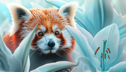 Charming red panda peering through delicate white flowers in a serene, mystical forest setting,...