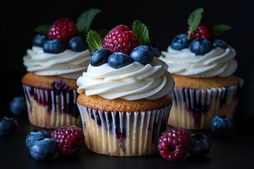 Delicious cupcakes with fresh berries and cream topping
