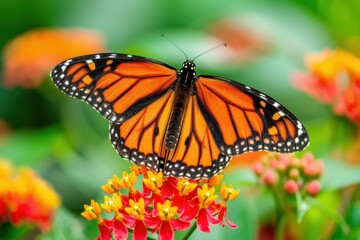 Naklejka premium Vibrant orange monarch butterfly on red and yellow flower