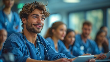 Young doctors in blue scrubs, holding tablets, smiling, engaging in a lesson with their instructor