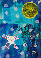 Fototapeta premium Ajolote mexicano en colores rosas sobre fondo azul, collage, Ilustración en acrílico, ilustración infantil 