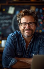 Fototapeta premium Smiling teacher wearing glasses sits at a desk with a laptop in front of a blackboard