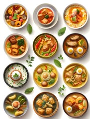 Colorful Array of Authentic Thai Curry Dishes with Variety of Meats, Vegetables, and Herbs on White Background in Chibi, Cute Icon Style