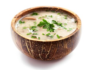 Rustic Coconut Soup Bowl with Fresh Herbs and Spices in Minimalist Chibi Style