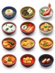 Vibrant Array of Delectable Thai Curry Dishes with Diverse Ingredients in Captivating Chibi-Style