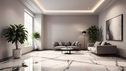 Generate a highly realistic image of a completely empty room, in a modern style, showcasing a modern design, only carpet and marble floor, and ceiling lamp. There should only be a coffee table, only o