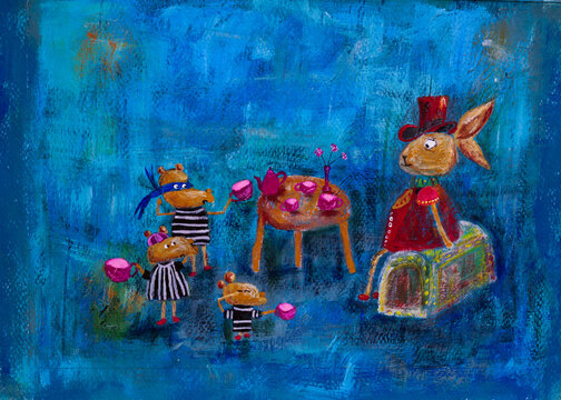 liebre platicando con unos ladrones ratones y tomando el te. Ilustraci&oacute;n en acr&iacute;lico 