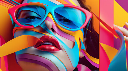 A woman with colorful glasses and red lipstick