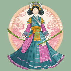 A woman in a kimono with mountains in the background.