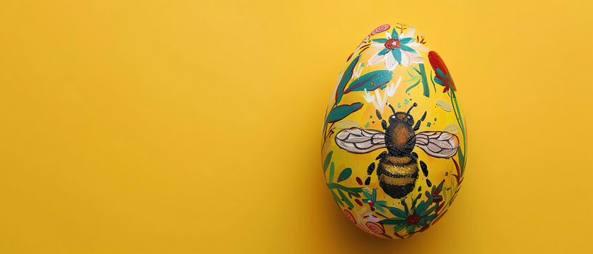 Hand-painted egg with detailed bee illustration on vibrant yellow background, perfect for Easter decoration or spring theme.