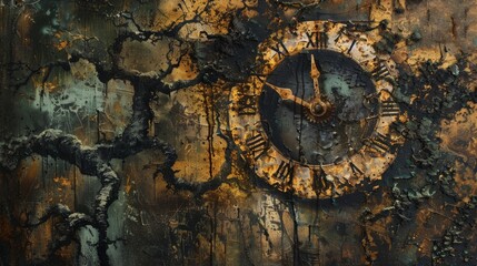 Vintage clock overgrown with vines for fantasy or gothic designs