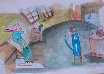 Ilustración en acuarela de abuelo enfermo con un gato de mascota y unos ratones