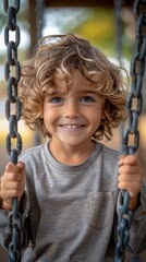 A joyful boy swings at the park, laughing loudly and having a great time