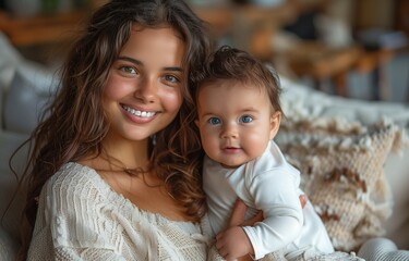Mother joyfully sitting on sofa holding her baby boy in living room, wearing a white shirt