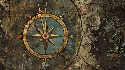 Vintage golden compass on a grunge background for nautical or travel designs