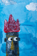 Cabeza de personaje, con una corona, ilustración infantil sobre fondo azul, pintura en acrílico.