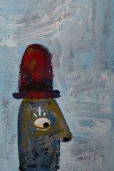 Cabeza con gorro rojo, sobre fondo gris, arte en acrílico.