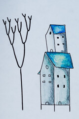 Ilustración de Acuarela con una casa naturaleza- Arte Minimalista