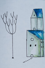 Ilustración de Acuarela con una casa naturaleza- Arte Minimalista