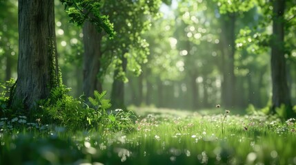 Natural dorest of woods with sunbeams through fog and leaves branch create mystic atmosphere. sunny morning in green forest