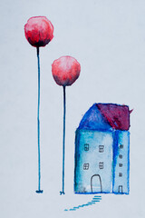 Ilustración de Acuarela con una casa naturaleza- Arte Minimalista