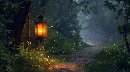 Vintage lantern in a mysterious forest path for halloween or fantasy design