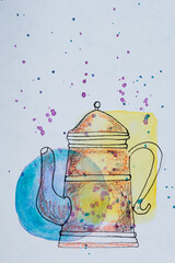 tetera vintage con colores acuarela y fondo blanco, tarjeta postal 