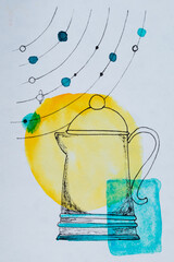 Watercolor teapot. 

watercolor coffee maker, postcard with galaxy lines, conceptual art .

