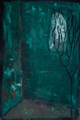Sueño abstracto, casa color verde con una ventana y un árbol con son hojas