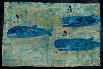Sueño Abstracto: Casa sobre ballenas en paisaje azul con beige. 