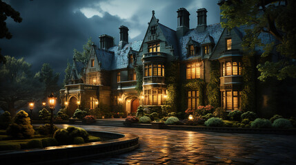 a huge ornate manor house with immaculate lawns and neatly trimmed topiary and a dark stormy sky. In the style of painted Digital art